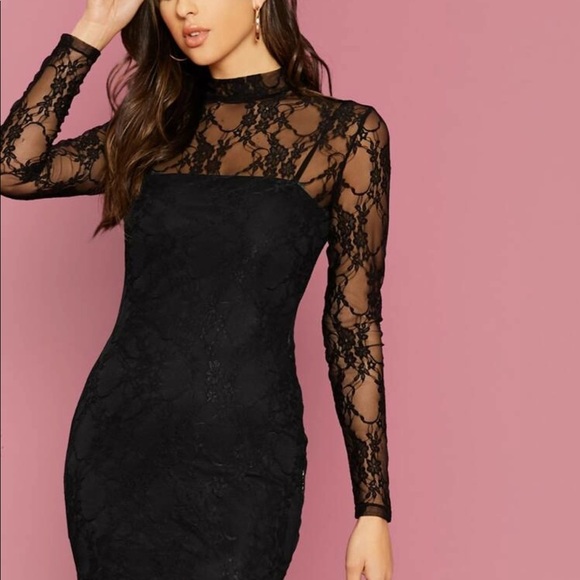 Mock Neck Lace Overlay Dress - Picture 3 of 5